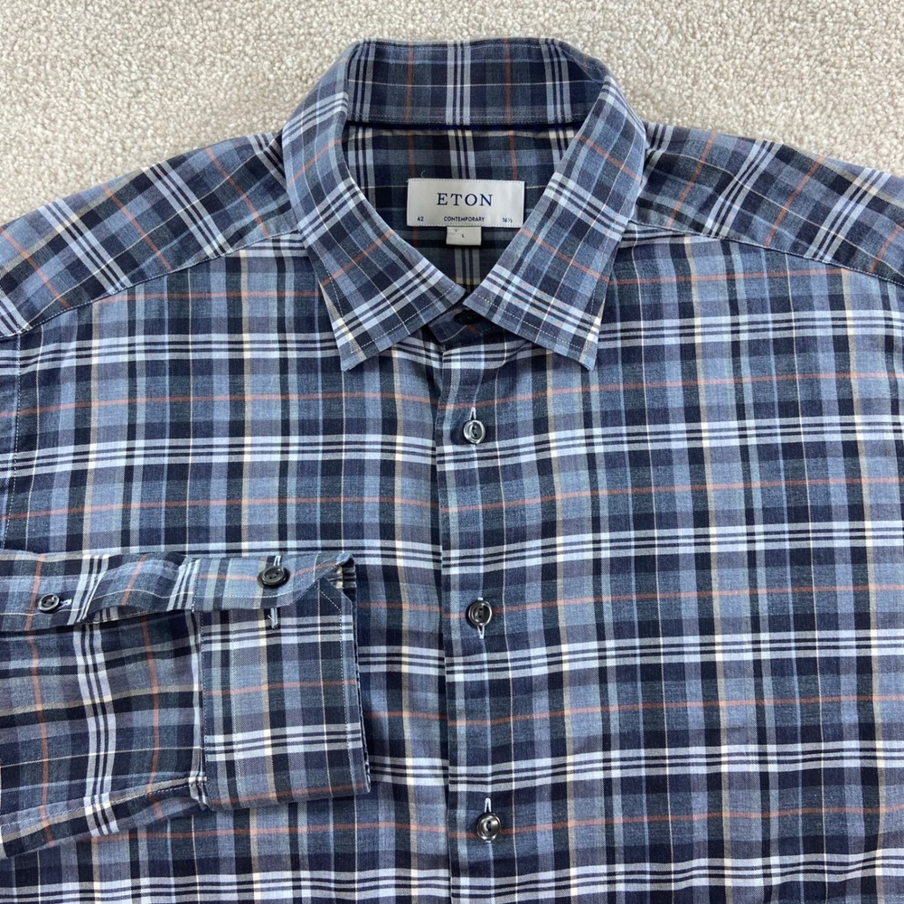 Eton Button Down Shirt Mens L Blue Plaid Contemporary Fit Long Sleeve Cotton
